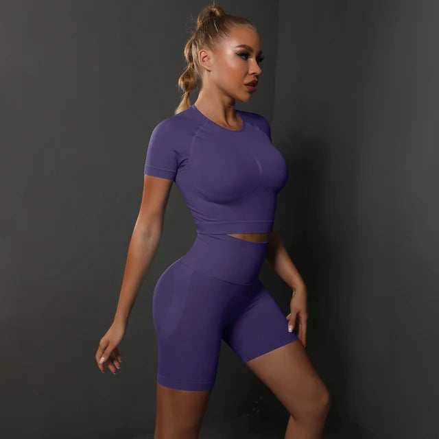 Peach buttocks solid color high elasticity yoga short sleeved shorts set fitness two-piece set