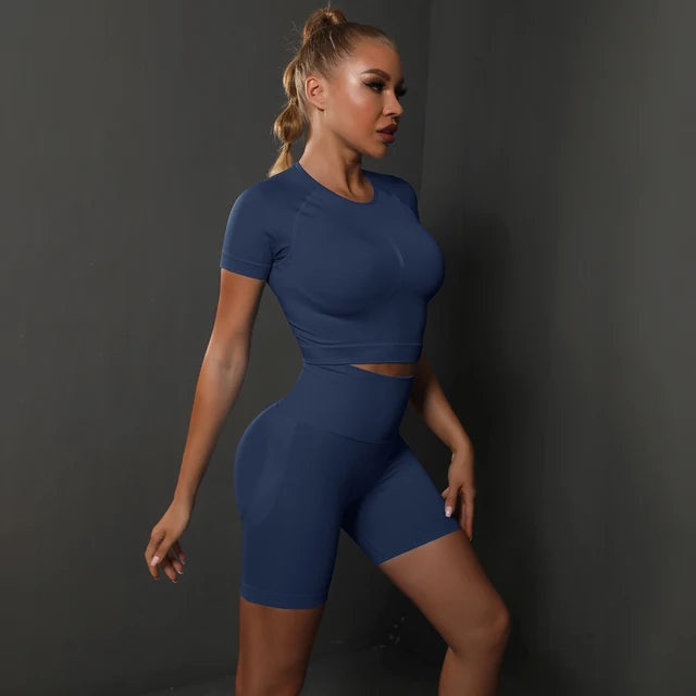 Peach buttocks solid color high elasticity yoga short sleeved shorts set fitness two-piece set
