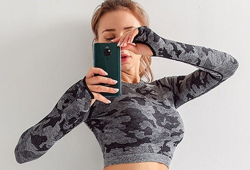 Camouflage 3-piece long sleeved bra pants sports fitness yoga peach hip lifting tight pants set