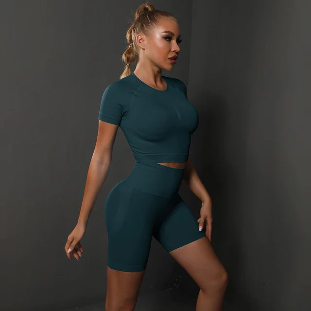 Peach buttocks solid color high elasticity yoga short sleeved shorts set fitness two-piece set