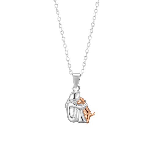 S925 sterling silver little girl and dog embrace necklace for women fashionable and simple contrasting color collarbone chain