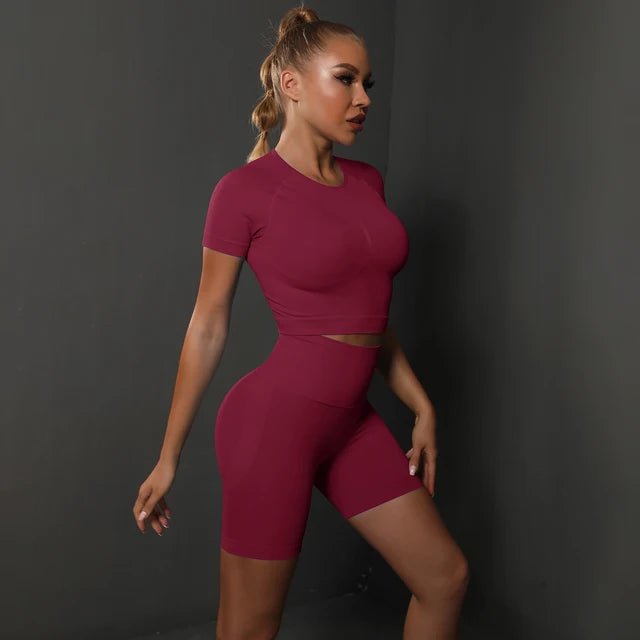 Peach buttocks solid color high elasticity yoga short sleeved shorts set fitness two-piece set