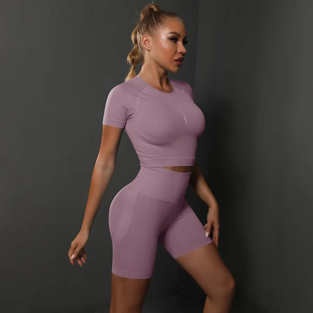 Peach buttocks solid color high elasticity yoga short sleeved shorts set fitness two-piece set