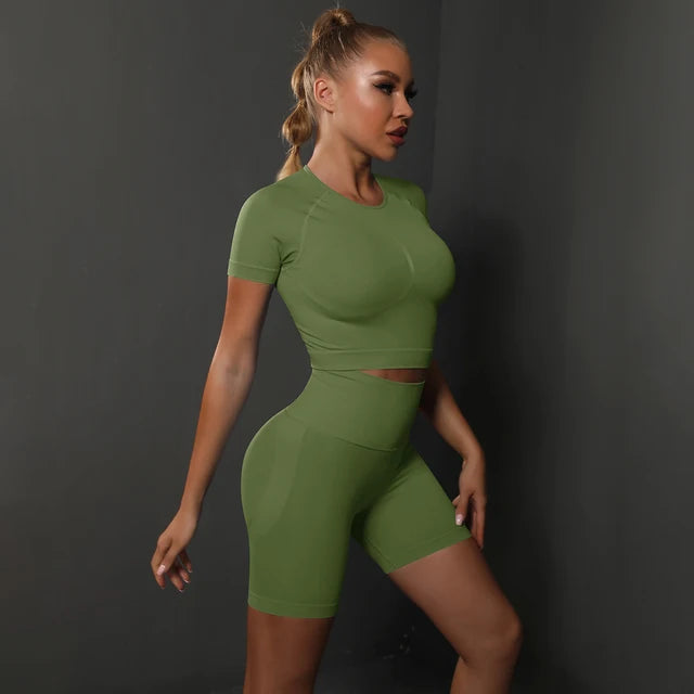 Peach buttocks solid color high elasticity yoga short sleeved shorts set fitness two-piece set