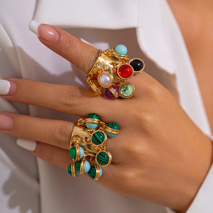 Vintage palace inlaid geometric ring, niche peacock stone circular alloy open ring