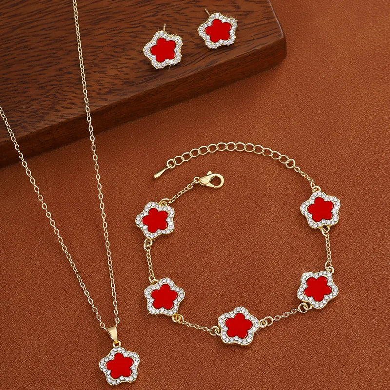 🌸 GlowLuxe FloraElegance Set – 3-Piece Stainless Steel Five-Leaf Flower Necklace, Earrings & Bracelet