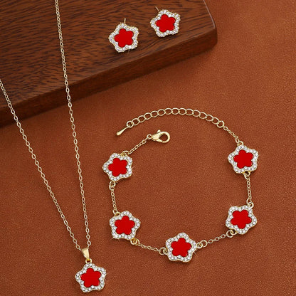 🌸 GlowLuxe FloraElegance Set – 3-Piece Stainless Steel Five-Leaf Flower Necklace, Earrings & Bracelet