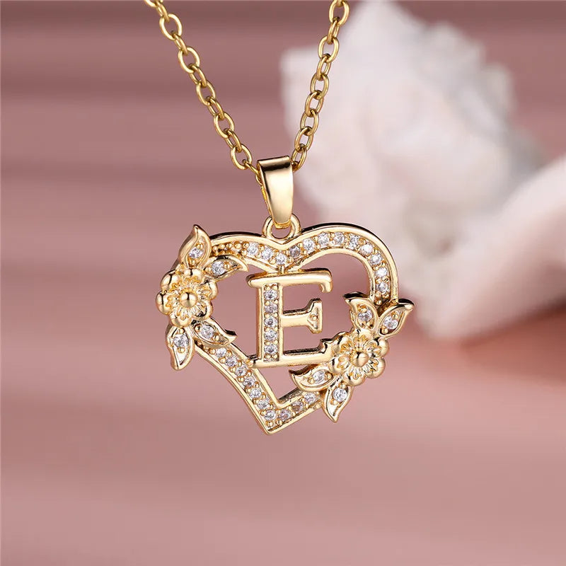 💛 GlowLuxe HeartBloom Initial Necklace – Custom Letter Gold Heart Pendant with Floral Design