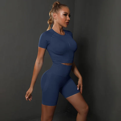 Peach buttocks solid color high elasticity yoga short sleeved shorts set fitness two-piece set