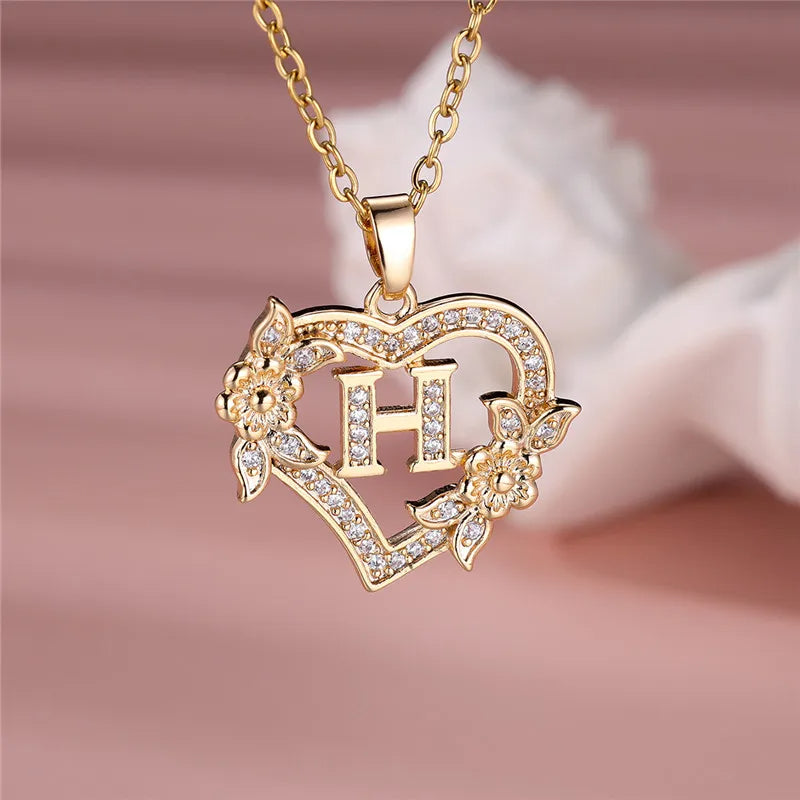 💛 GlowLuxe HeartBloom Initial Necklace – Custom Letter Gold Heart Pendant with Floral Design