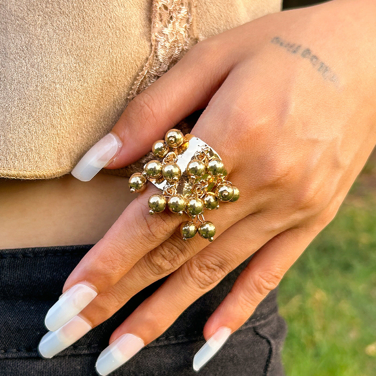 Vintage palace inlaid geometric ring, niche peacock stone circular alloy open ring