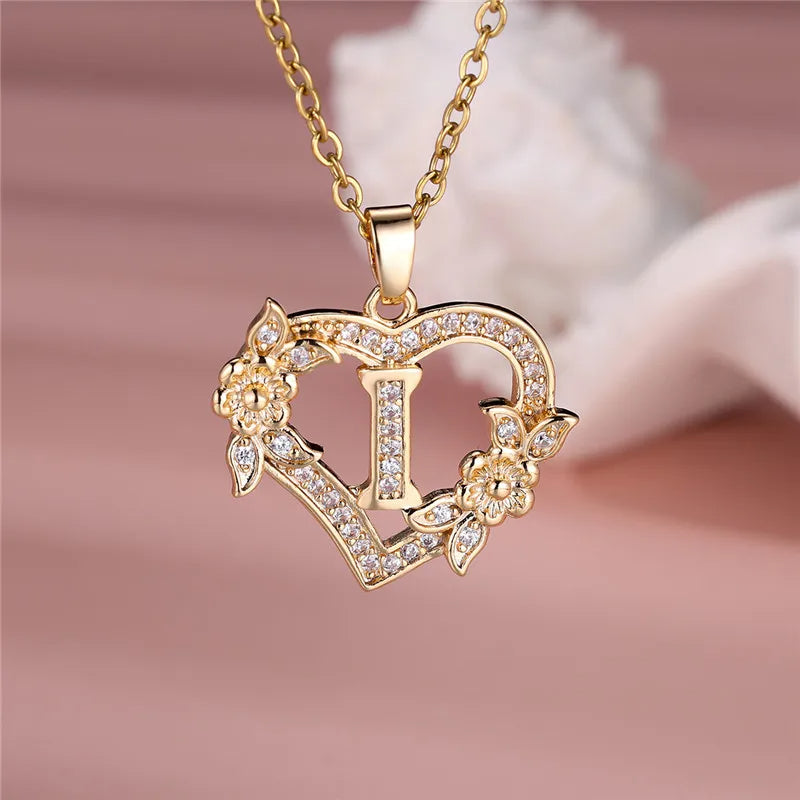💛 GlowLuxe HeartBloom Initial Necklace – Custom Letter Gold Heart Pendant with Floral Design
