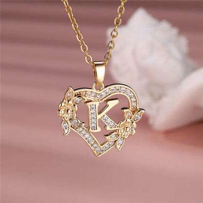 💛 GlowLuxe HeartBloom Initial Necklace – Custom Letter Gold Heart Pendant with Floral Design