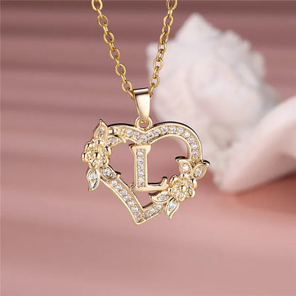 💛 GlowLuxe HeartBloom Initial Necklace – Custom Letter Gold Heart Pendant with Floral Design