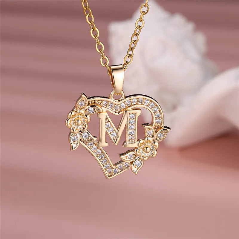 💛 GlowLuxe HeartBloom Initial Necklace – Custom Letter Gold Heart Pendant with Floral Design