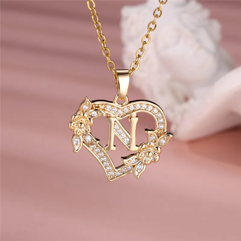 💛 GlowLuxe HeartBloom Initial Necklace – Custom Letter Gold Heart Pendant with Floral Design