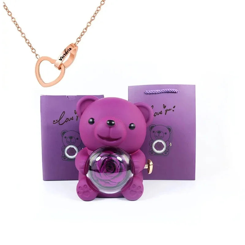 🌹 GlowGift RoseTreasure Box – Eternal Rose Teddy Bear with Rotating Jewelry Surprise