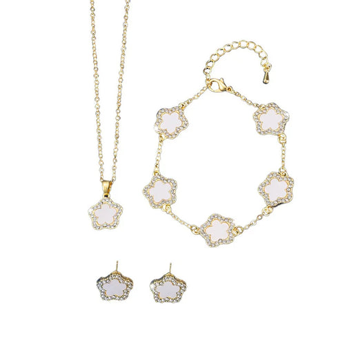 🌸 GlowLuxe FloraElegance Set – 3-Piece Stainless Steel Five-Leaf Flower Necklace, Earrings & Bracelet