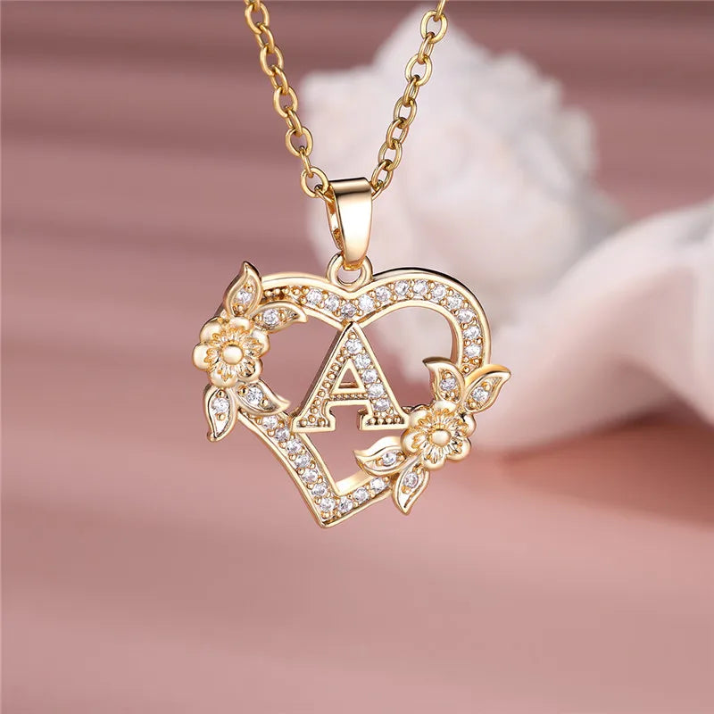 💛 GlowLuxe HeartBloom Initial Necklace – Custom Letter Gold Heart Pendant with Floral Design