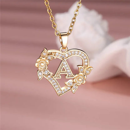 💛 GlowLuxe HeartBloom Initial Necklace – Custom Letter Gold Heart Pendant with Floral Design