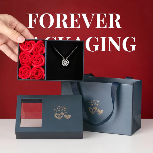 🌹 GlowLuxe LoveBloom Gift Box – Rose Keepsake with Four-Leaf Heart Necklace