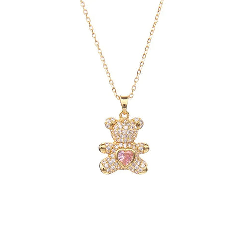 🐻 GlowLuxe BearGleam Necklace – Stainless Steel Bear Pendant with Sparkling Zircon