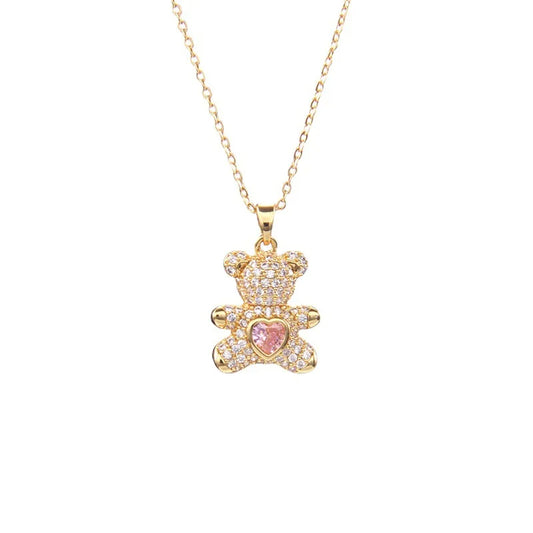 🐻 GlowLuxe BearGleam Necklace – Stainless Steel Bear Pendant with Sparkling Zircon
