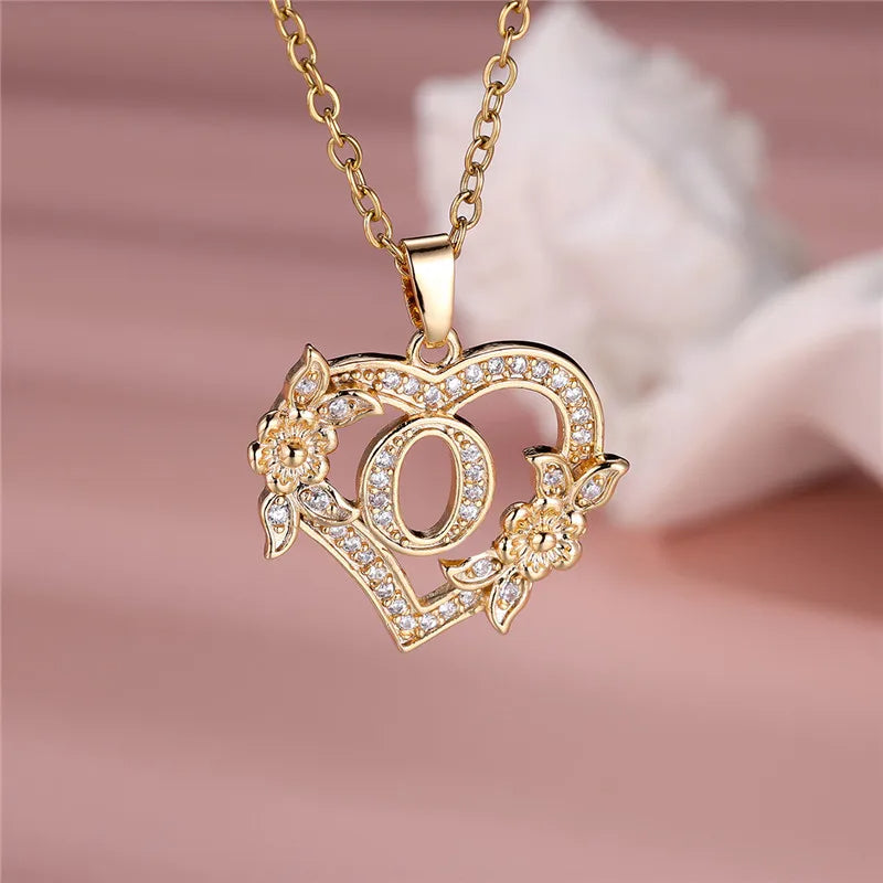 💛 GlowLuxe HeartBloom Initial Necklace – Custom Letter Gold Heart Pendant with Floral Design