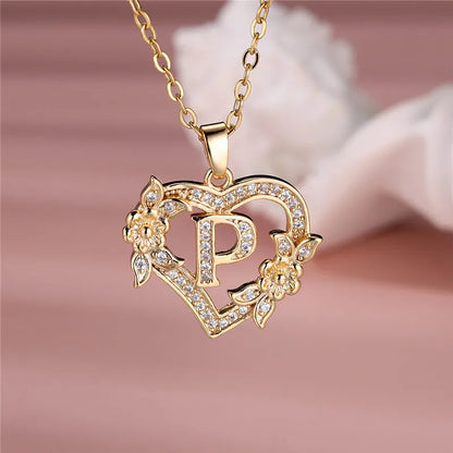 💛 GlowLuxe HeartBloom Initial Necklace – Custom Letter Gold Heart Pendant with Floral Design