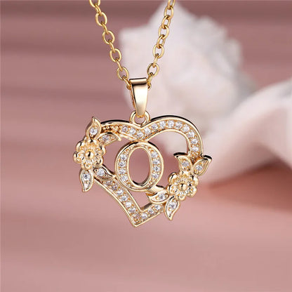 💛 GlowLuxe HeartBloom Initial Necklace – Custom Letter Gold Heart Pendant with Floral Design