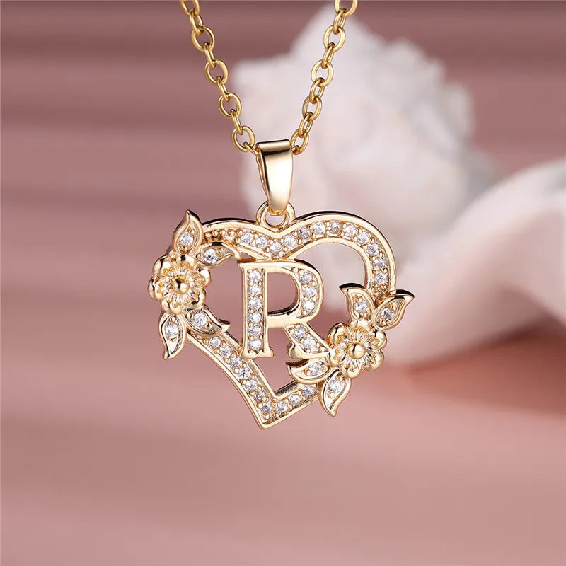 💛 GlowLuxe HeartBloom Initial Necklace – Custom Letter Gold Heart Pendant with Floral Design