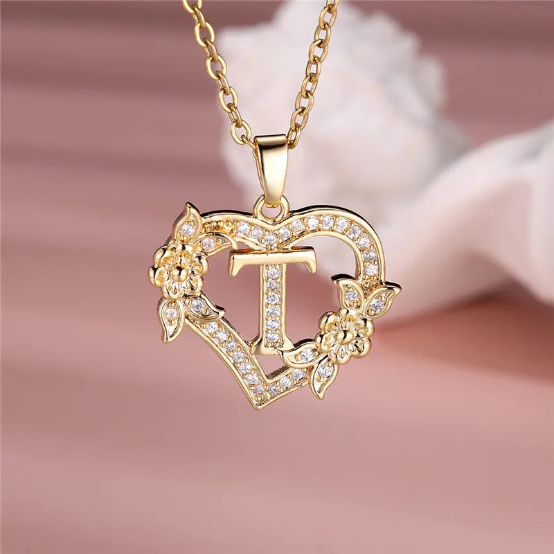 💛 GlowLuxe HeartBloom Initial Necklace – Custom Letter Gold Heart Pendant with Floral Design