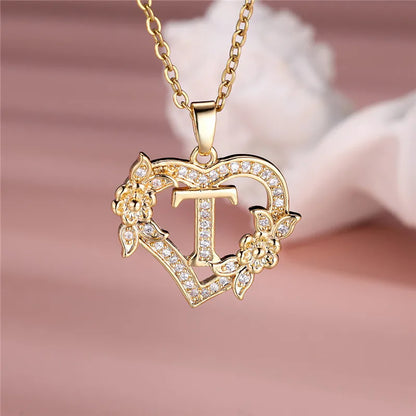 💛 GlowLuxe HeartBloom Initial Necklace – Custom Letter Gold Heart Pendant with Floral Design