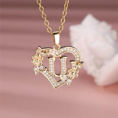 💛 GlowLuxe HeartBloom Initial Necklace – Custom Letter Gold Heart Pendant with Floral Design