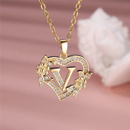 💛 GlowLuxe HeartBloom Initial Necklace – Custom Letter Gold Heart Pendant with Floral Design