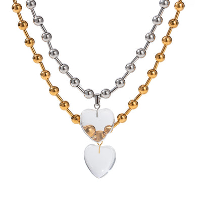 Round bead transparent heart pendant necklace for girls simple bead design niche women