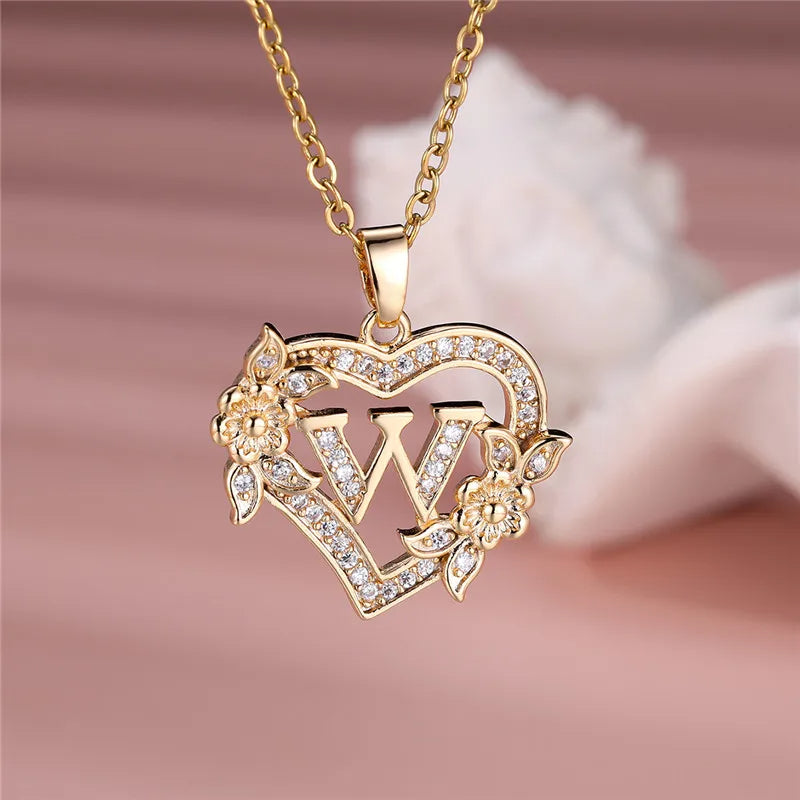 💛 GlowLuxe HeartBloom Initial Necklace – Custom Letter Gold Heart Pendant with Floral Design
