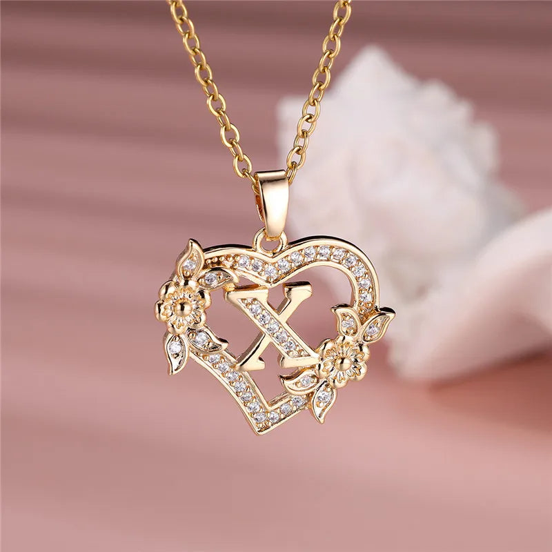 💛 GlowLuxe HeartBloom Initial Necklace – Custom Letter Gold Heart Pendant with Floral Design