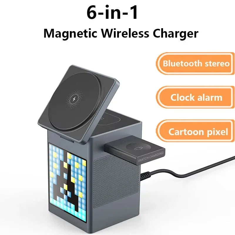 ⚡ GlowTech ChargeHub 6X – Magnetic Wireless Charger with Speaker, Clock & Night Light
