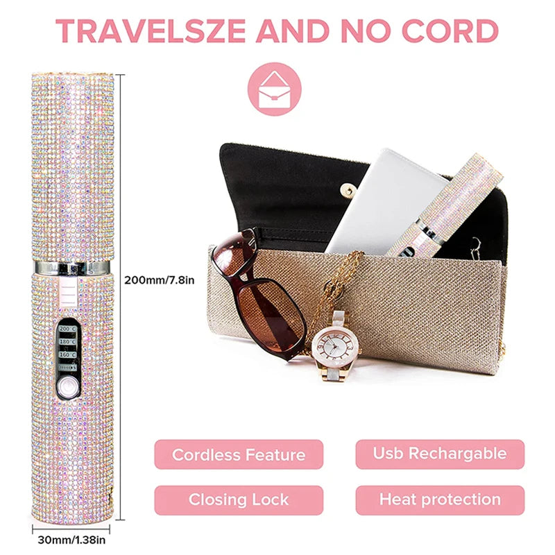 💎 GlowBeauty LuxeGlide Mini™ – Cordless Portable Hair Straightener with Rhinestones & Power Bank