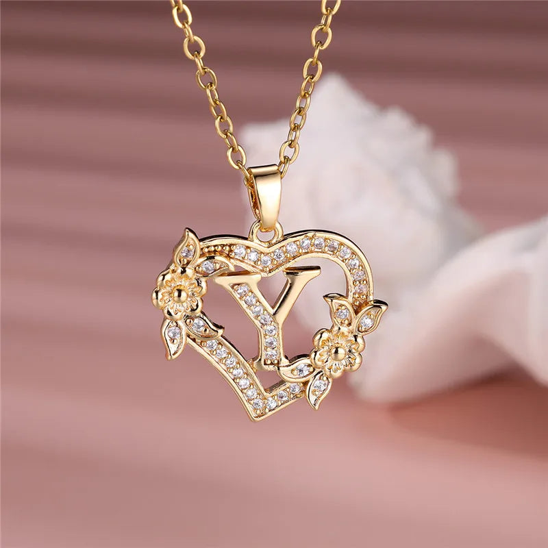 💛 GlowLuxe HeartBloom Initial Necklace – Custom Letter Gold Heart Pendant with Floral Design