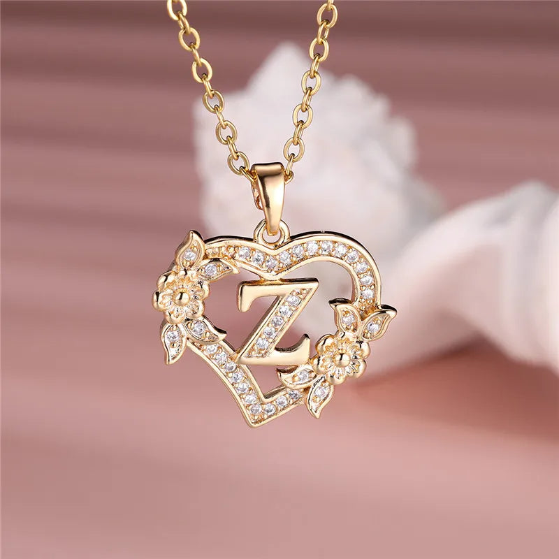 💛 GlowLuxe HeartBloom Initial Necklace – Custom Letter Gold Heart Pendant with Floral Design