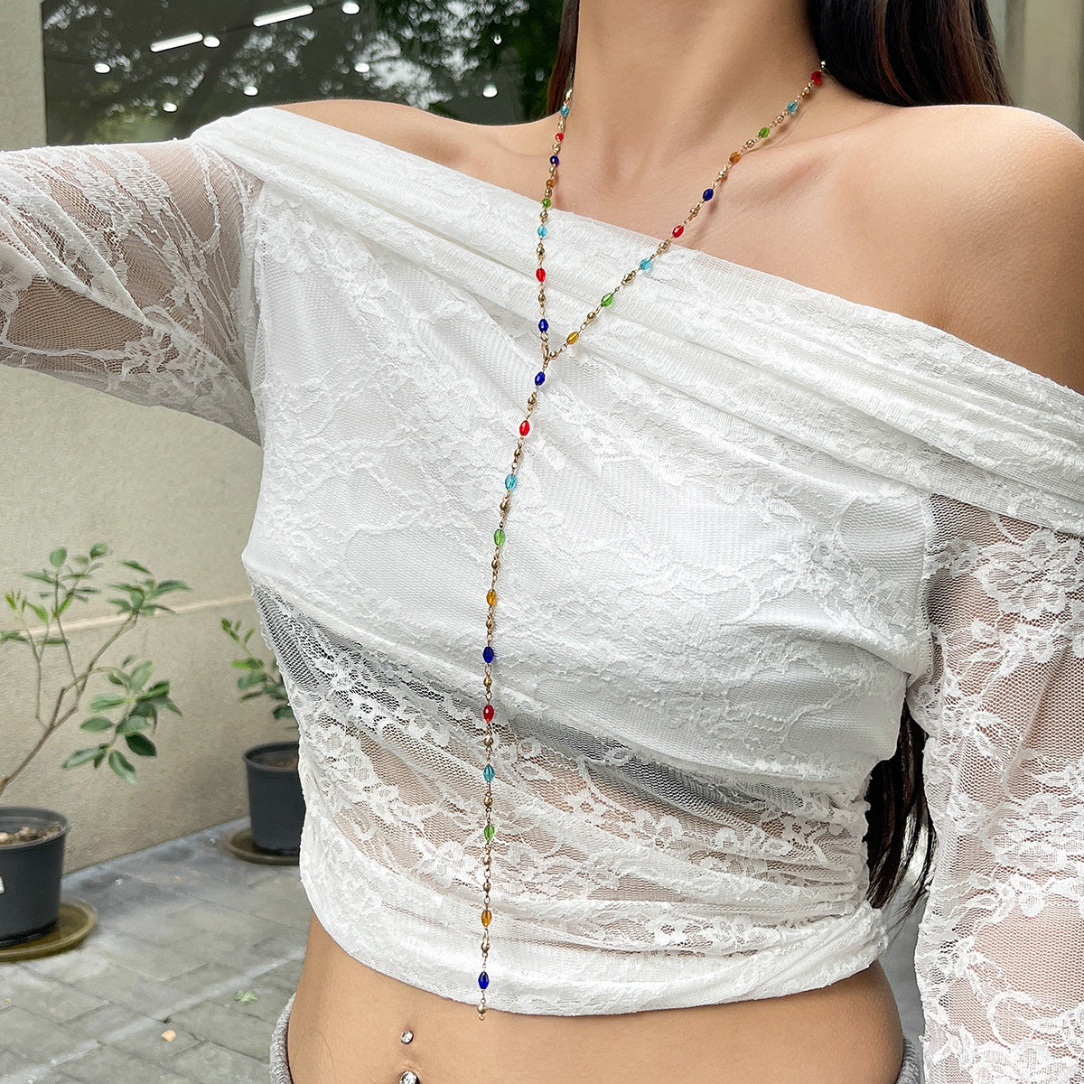 Fashionable tassel Y-shaped chain necklace for women, simple and multi-layered oil dripping bead collarbone chain