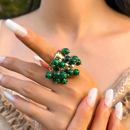 Vintage palace inlaid geometric ring, niche peacock stone circular alloy open ring
