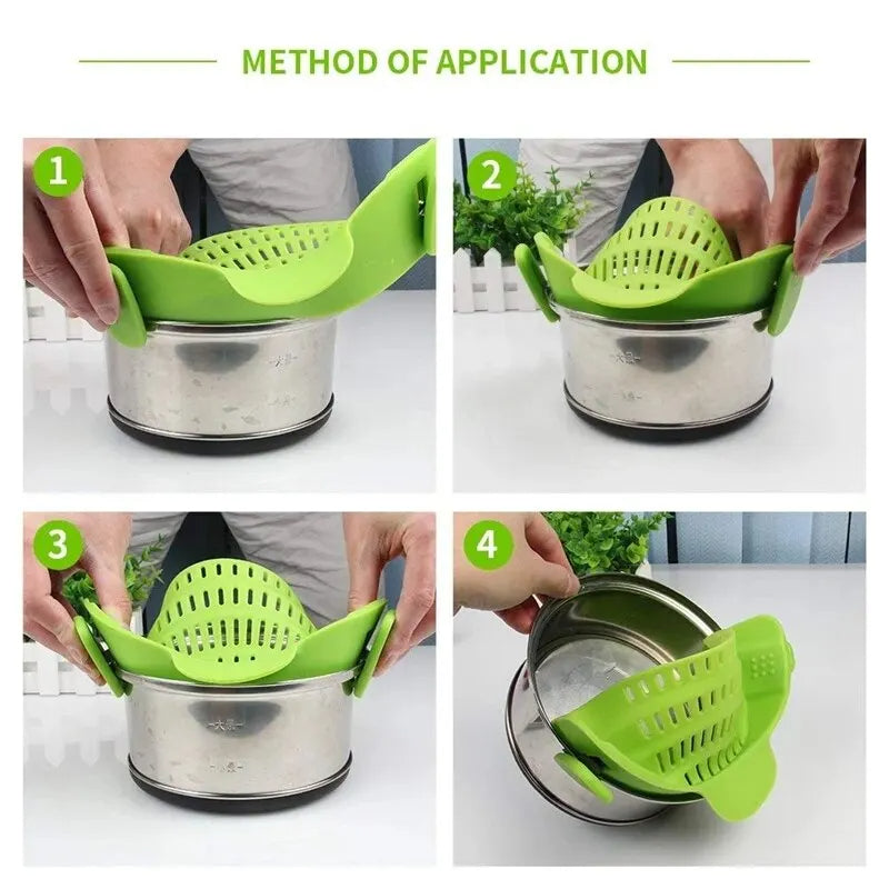 GlowKitchen ClipDrain – Universal Silicone Clip-On Pot Strainer