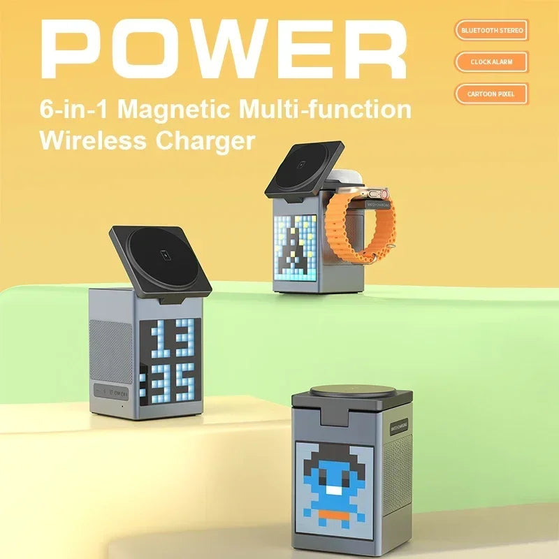 ⚡ GlowTech ChargeHub 6X – Magnetic Wireless Charger with Speaker, Clock & Night Light