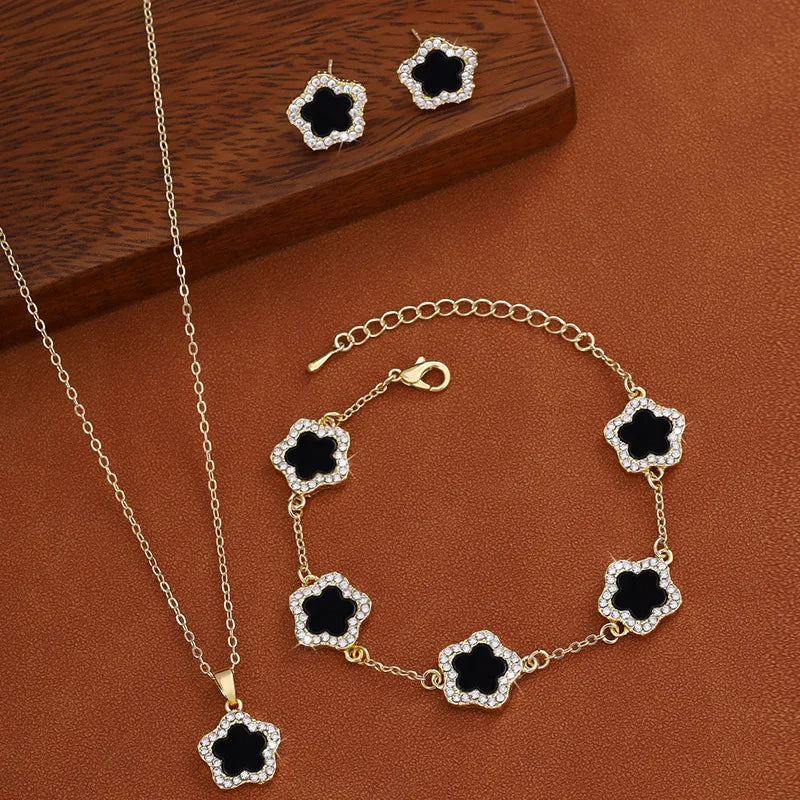 🌸 GlowLuxe FloraElegance Set – 3-Piece Stainless Steel Five-Leaf Flower Necklace, Earrings & Bracelet