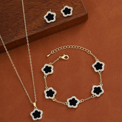 🌸 GlowLuxe FloraElegance Set – 3-Piece Stainless Steel Five-Leaf Flower Necklace, Earrings & Bracelet
