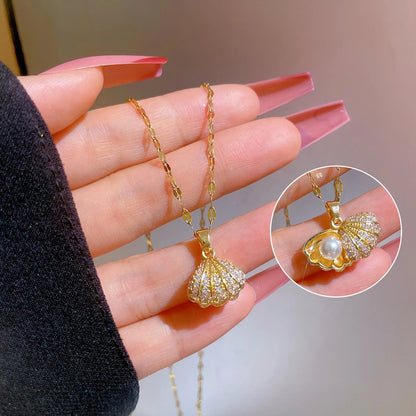 🌸 GlowCharm PearlShell – Openable Shell Pendant Necklace with Pearl