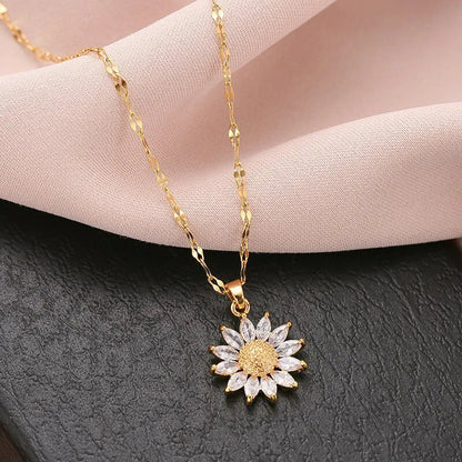 🌹 GlowLuxe BloomRadiance Necklace – Gold Flower Pendant with Zirconia Petals